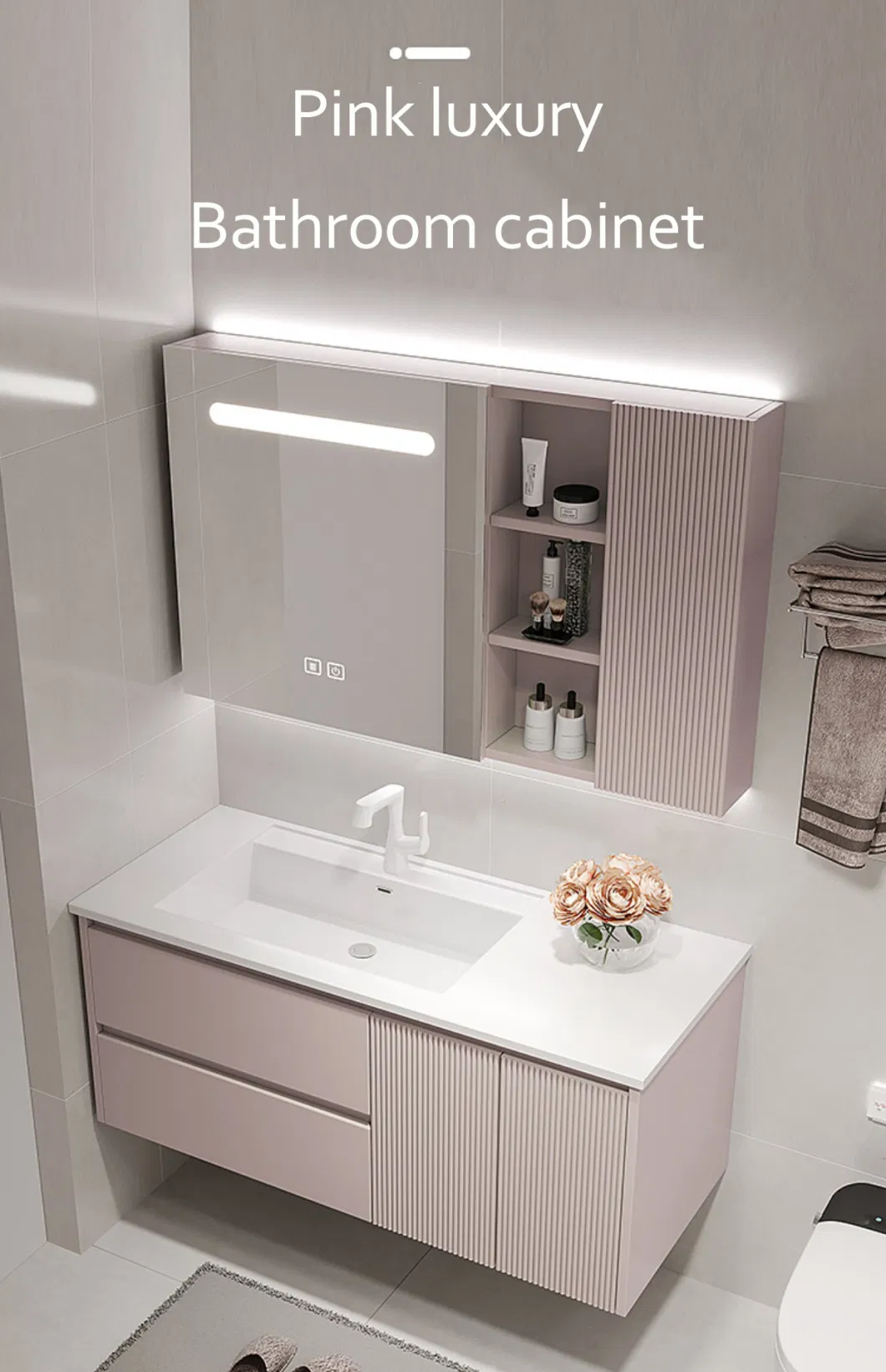 Luxury Bathroom Vanity Floating Bathroom Cabinet with Sinks Faucets LED Vanity Mirror Sintered Stone Top with Basins